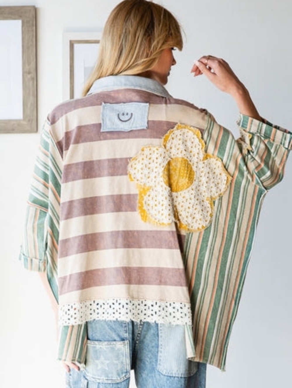 Oli & Hali Oversized Multicolored Mix n Matched Striped Top with Flower Patches - Picture 4 of 6